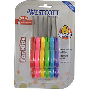 6-Pack 5" Westcott Pointed Kids Scissors (Assorted Colors) $3.30