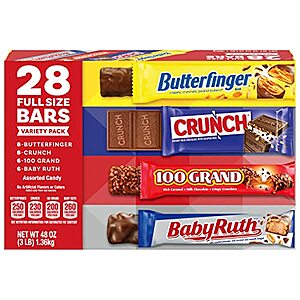 28-Count Full-Size Candy Bars (Butterfinger, CRUNCH, Baby Ruth, 100 Grand)