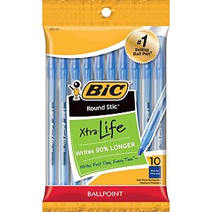 10-Count BIC Round Stic Xtra Life Medium Point Ball Pens (Blue, 1.0mm) $0.85 w/ Subscribe & Save