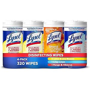 4-Pack 80-Count Lysol Disinfecting Wipes (Variety Pack) $9.02 w/ S&S + Free Shipping w/ Prime or on orders over $35
