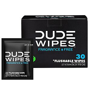 30-Count Dude Wipes Fragrance Free On-The-Go Flushable Personal Wipes $3.10 w/ S&S