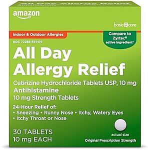 30-Count Amazon Basic Care All Day Allergy Cetirizine Hydrochloride Tablets (10 mg) $2.13 w/ S&S + Free Shipping w/ Prime or on orders over $35