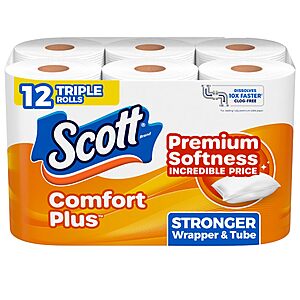12-Pk 231-Sheets Scott ComfortPlus 1-Ply Toilet Paper Triple Rolls $5.70 