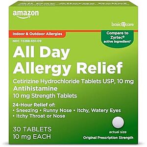 30-Count Amazon Basic Care All Day Allergy Cetirizine Hydrochloride Tablets (10 mg) $2.16 w/ S&S + Free Shipping w/ Prime or on orders over $35