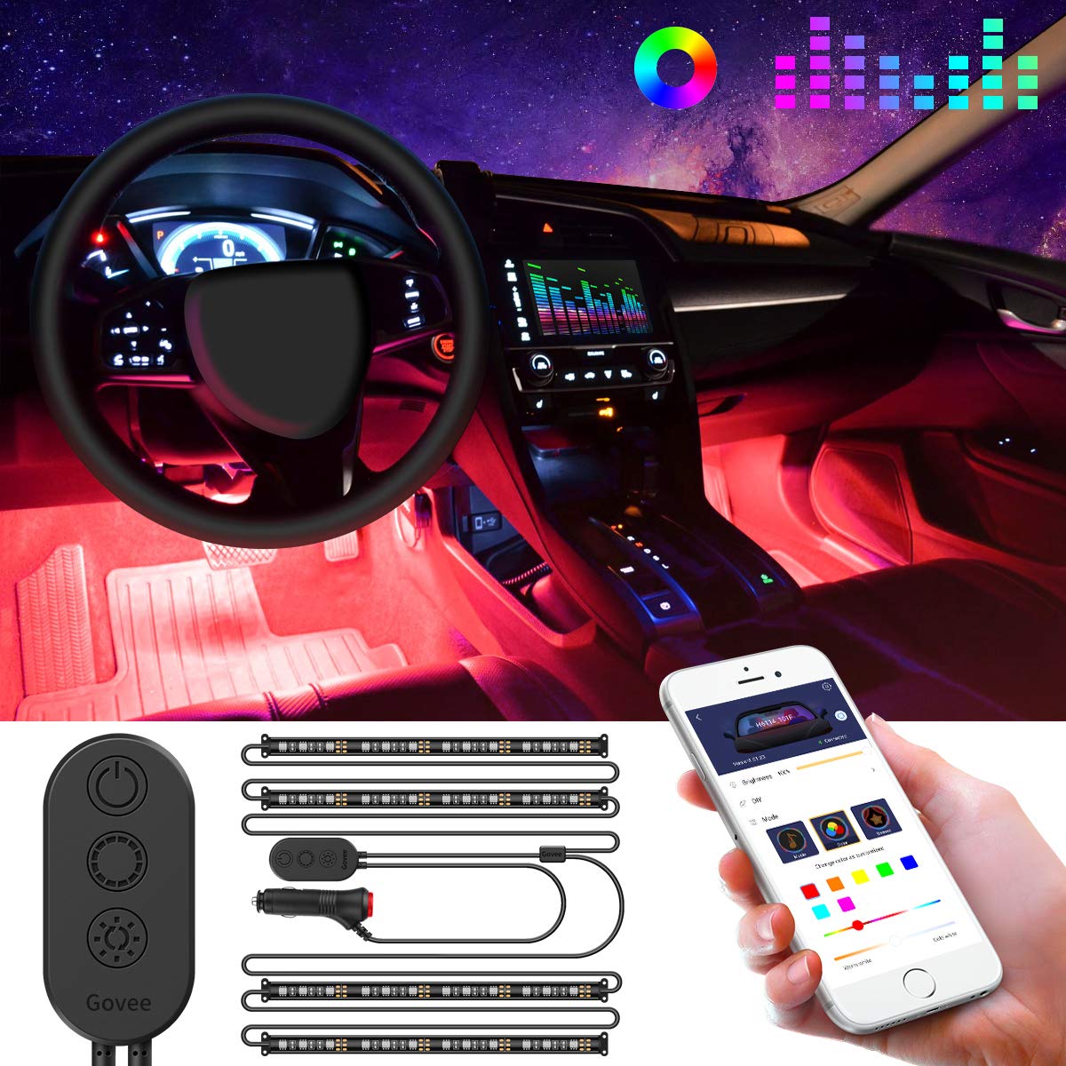 4-Piece Govee 48 LED Interior Car Lights w/ DC 12V Car Charger $20 + Free Shipping w/ Prime or on $25+