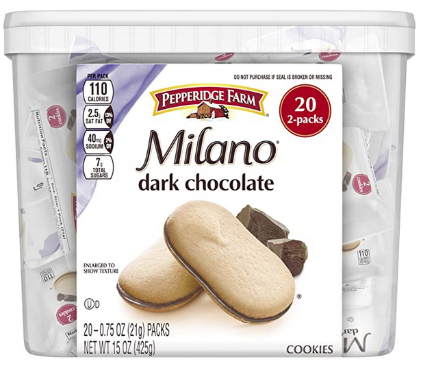 20-Count 0.75-Oz Pepperidge Farm Milano Cookie Tub (Dark Chocolate) $6.64 w/ S&S + Free Shipping w/ Prime or on orders over $25