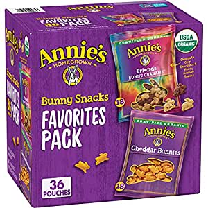36 count 1oz Annie's Organic, Snack Variety Pack, Cheddar Bunnies and Bunny Grahams: $8.91 or lower