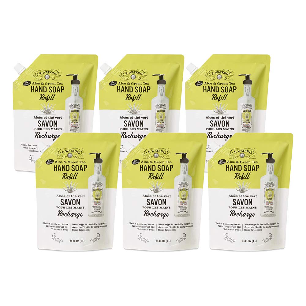 6 pack of  34 fl oz  JR Watkins Gel Hand Soap Refill Pouch, Aloe and Green Tea, Scented Liquid Hand Wash for Bathroom or  Kitchen, USA Made and Cruelty Free: $31.52 or less w/S&S