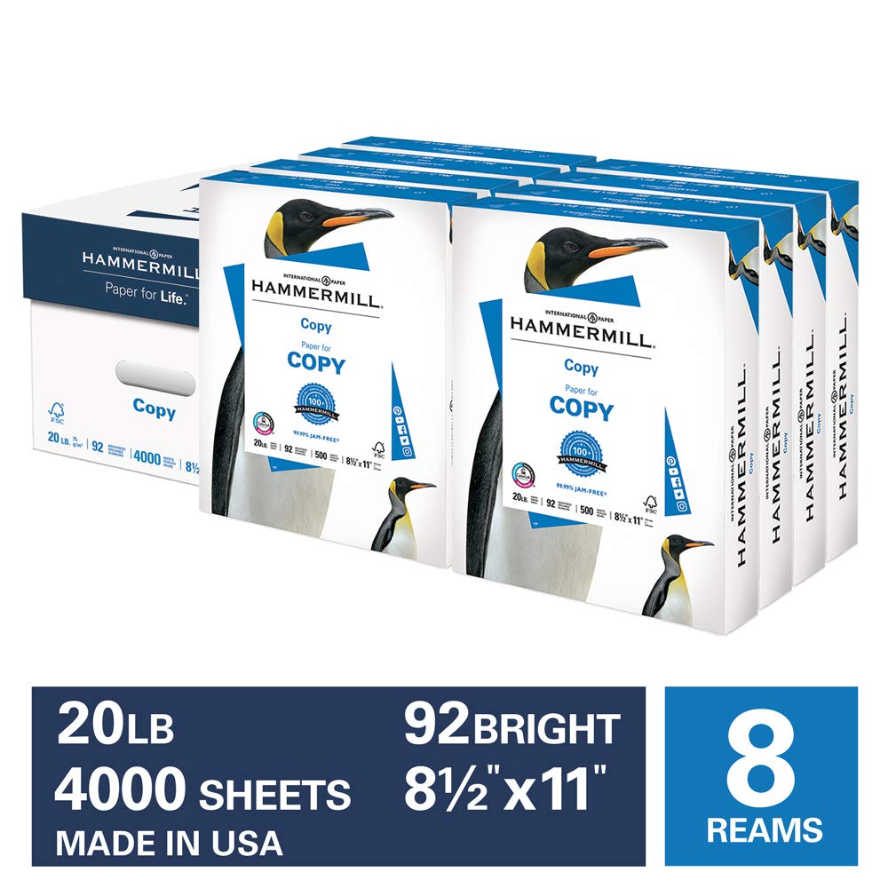 8 reams Hammermill 20lb Copy Paper, 8.5 x 11, 4,000 Sheets, Made in USA, 92 Bright, Acid Free, Multipurpose Printer: $25.83 or less w/S&S
