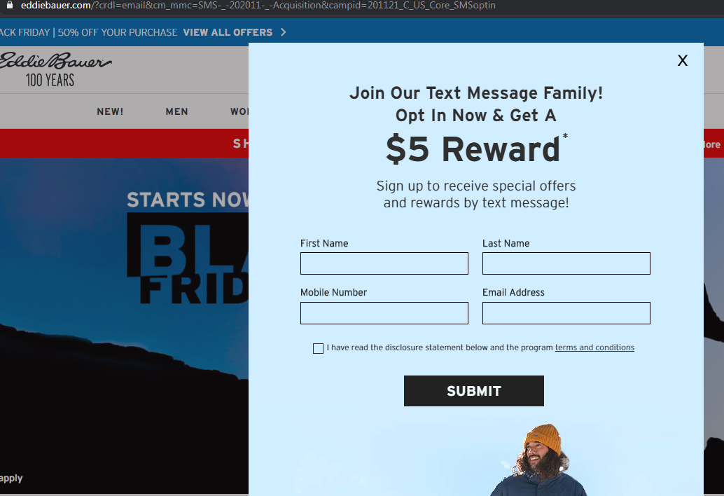 Eddie Bauer: Opt In for Text Messaging and get $5 Reward