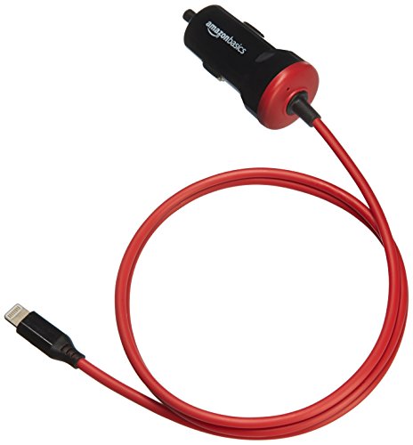 Amazon Basics Straight Cable Lightning Car Charger, 5V 12W, 3 Foot, Black and Red $9.42