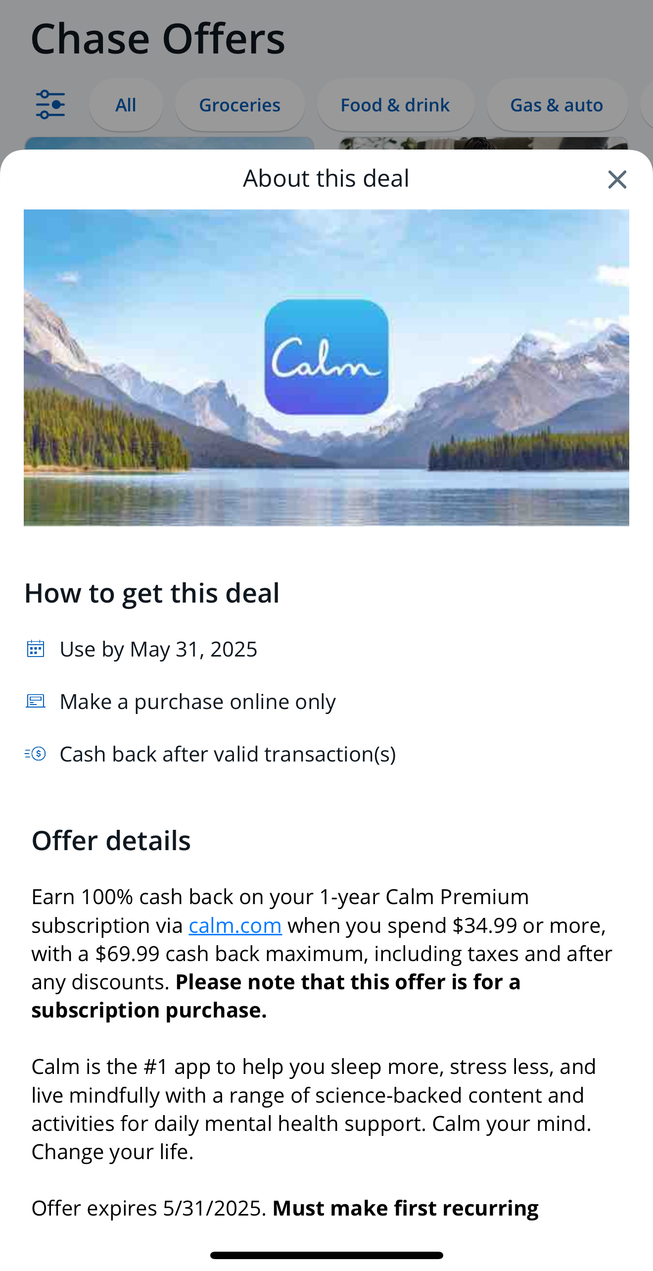 Chase Credit Card Offers - 100% Cashback on Calm - $0.00