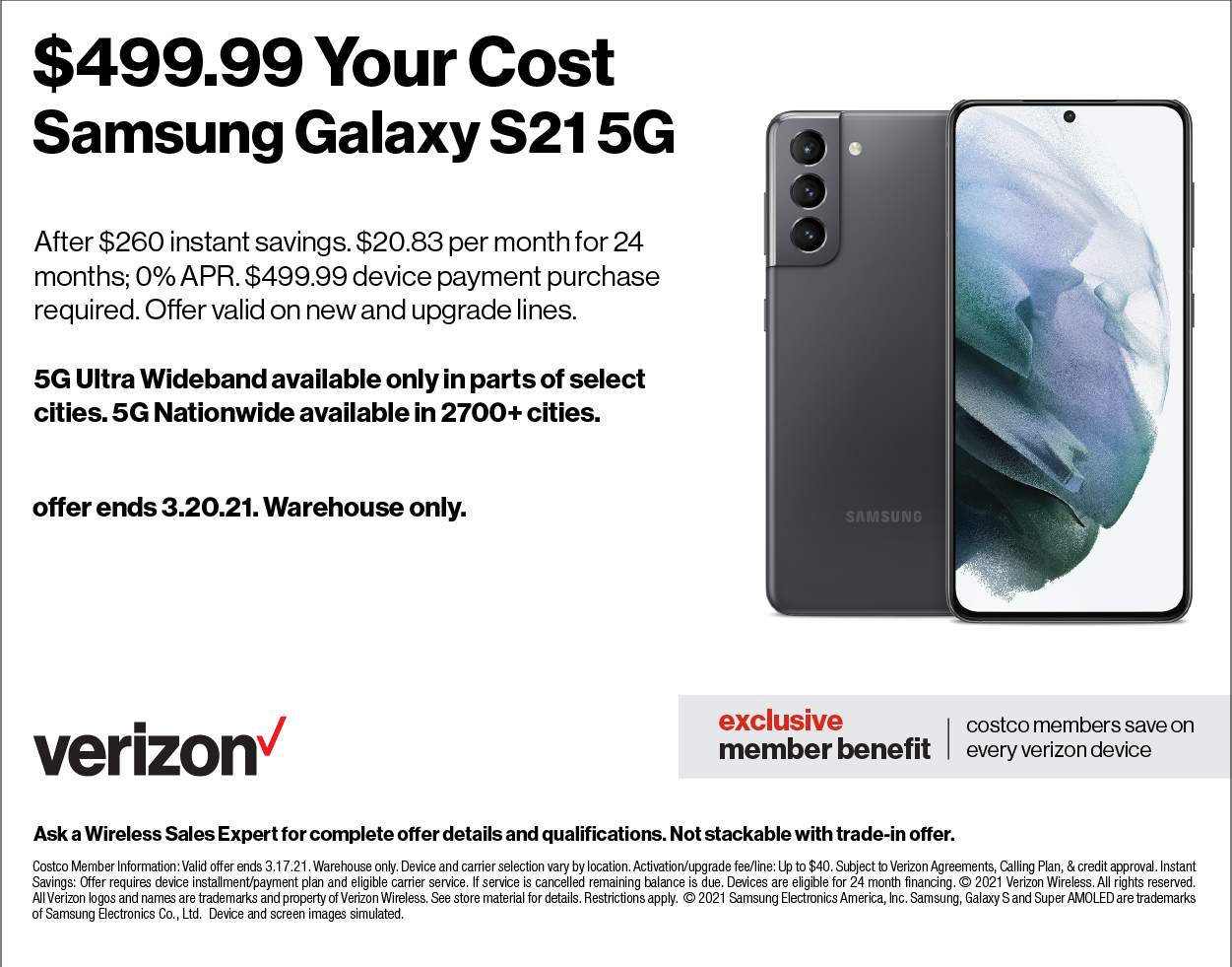 Samsung S21 $499.99 Costco In Store offer Verizon