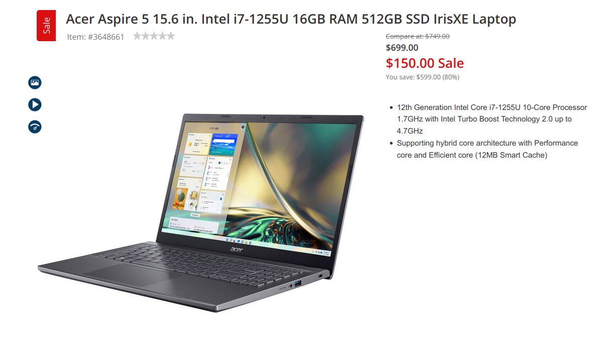 AAFES - Acer Aspire 5 15.6 in. Laptop Intel i7-1255U 16GB RAM for $150 Delivered