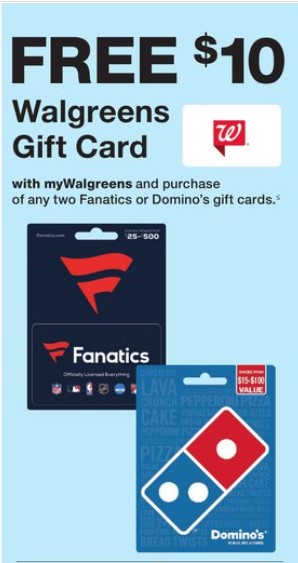 $10 walgreens gift card free when you buy 2 Domino's ($15 each) gift cards - In Store only -  $30