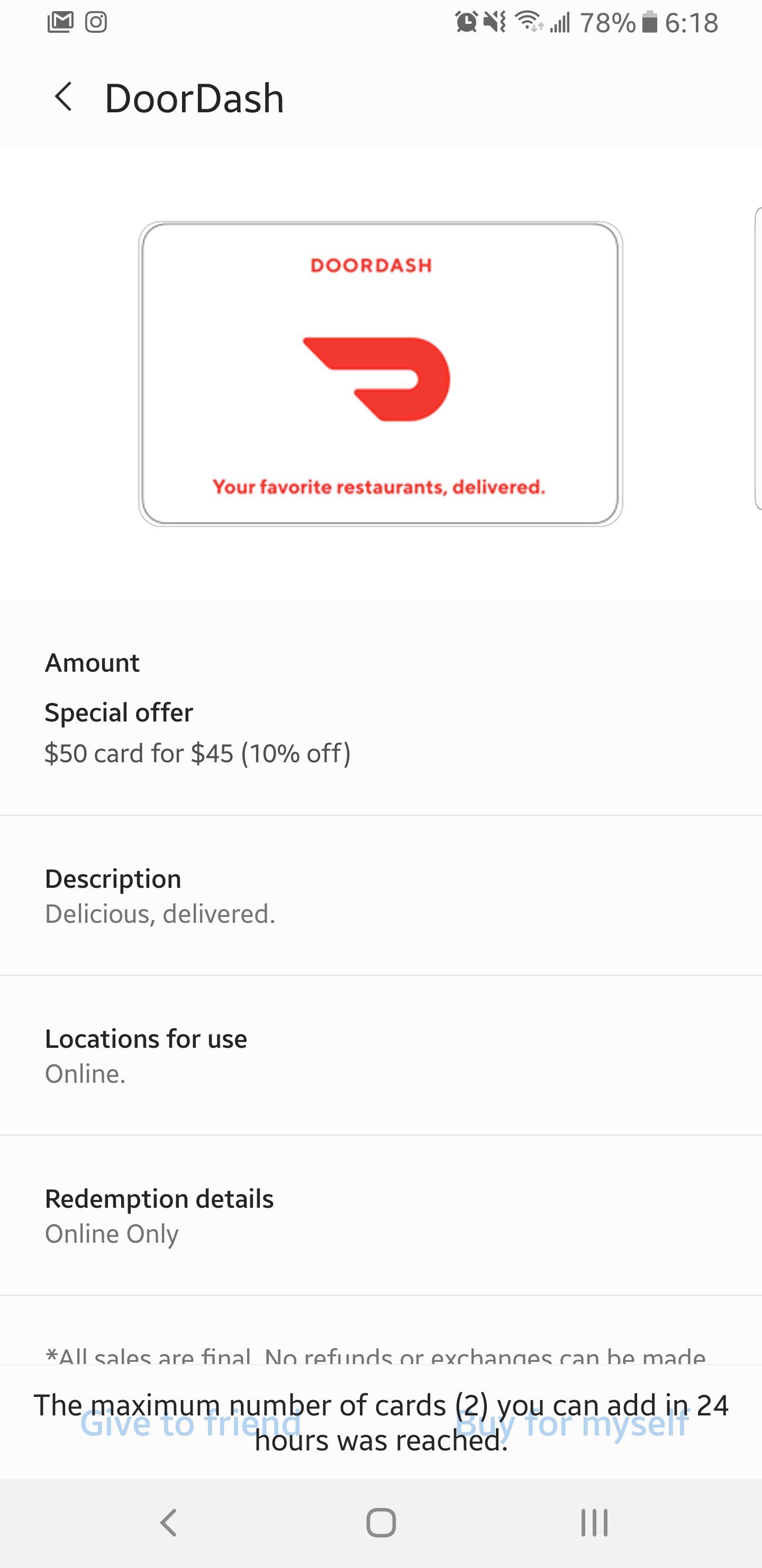 50 Doordash Gift Card For 45 On Samsung Pay Gift Card Store