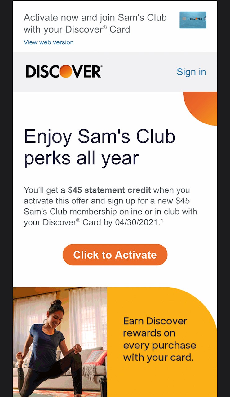 *YMMV* Sam’s Club Free Membership w/ Selected Discover Card Plus $45 Gift Card