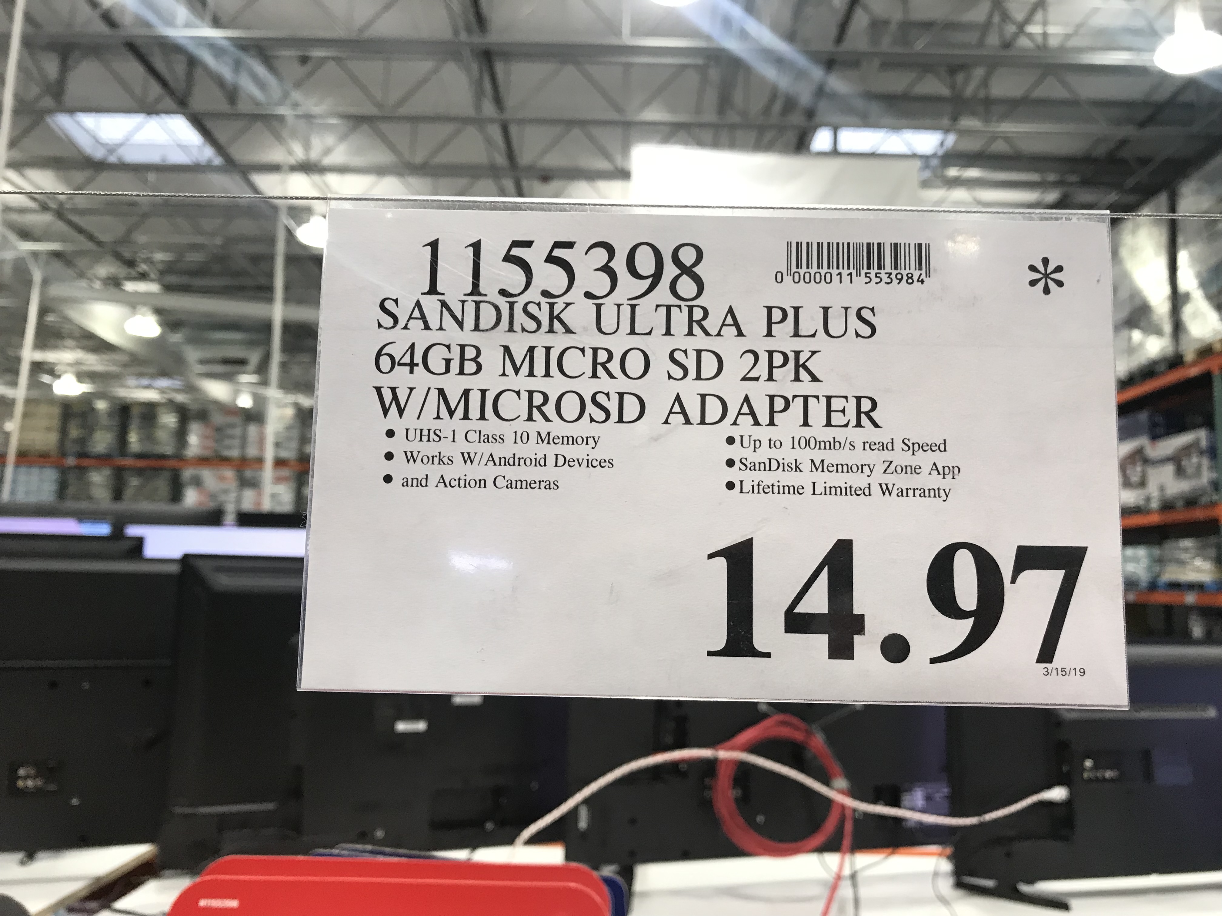 Costco SanDisk Ultra Plus 64 GB microSD with Adapters 2-pack Item 1155398 $14.97 YMMY In-store