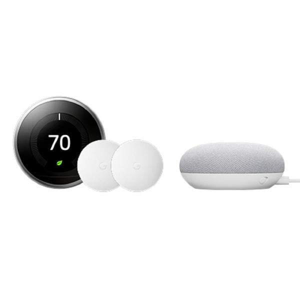 3rd Gen Nest Learning Thermostat in Stainless Steel and two Google Nest Temperature Sensors with Google Home Mini Chalk $228