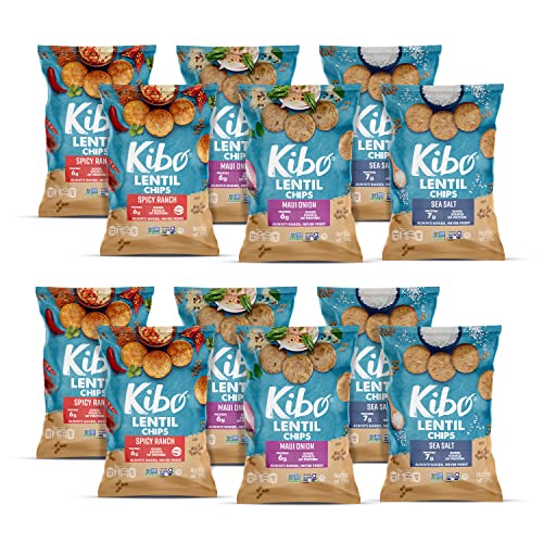 Kibo Lentil Chips Variety Pack - Gluten-Free Vegan Chips - Non-GMO Verified - Plant-Based 28 grams – Maui Onion, Sea Salt, and Spicy Ranch - 12 pack $9.49