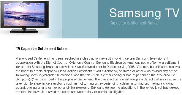 Samsung LCD/Plasma/DLP TV's Capacitor Class Action Settlement Lawsuit