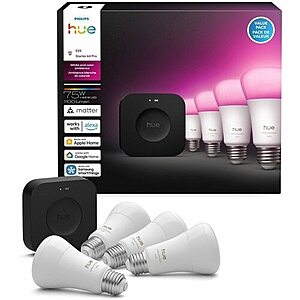 Philips Hue Color 4 pack 75W Bulb + Hue Pro Bridge $193.59