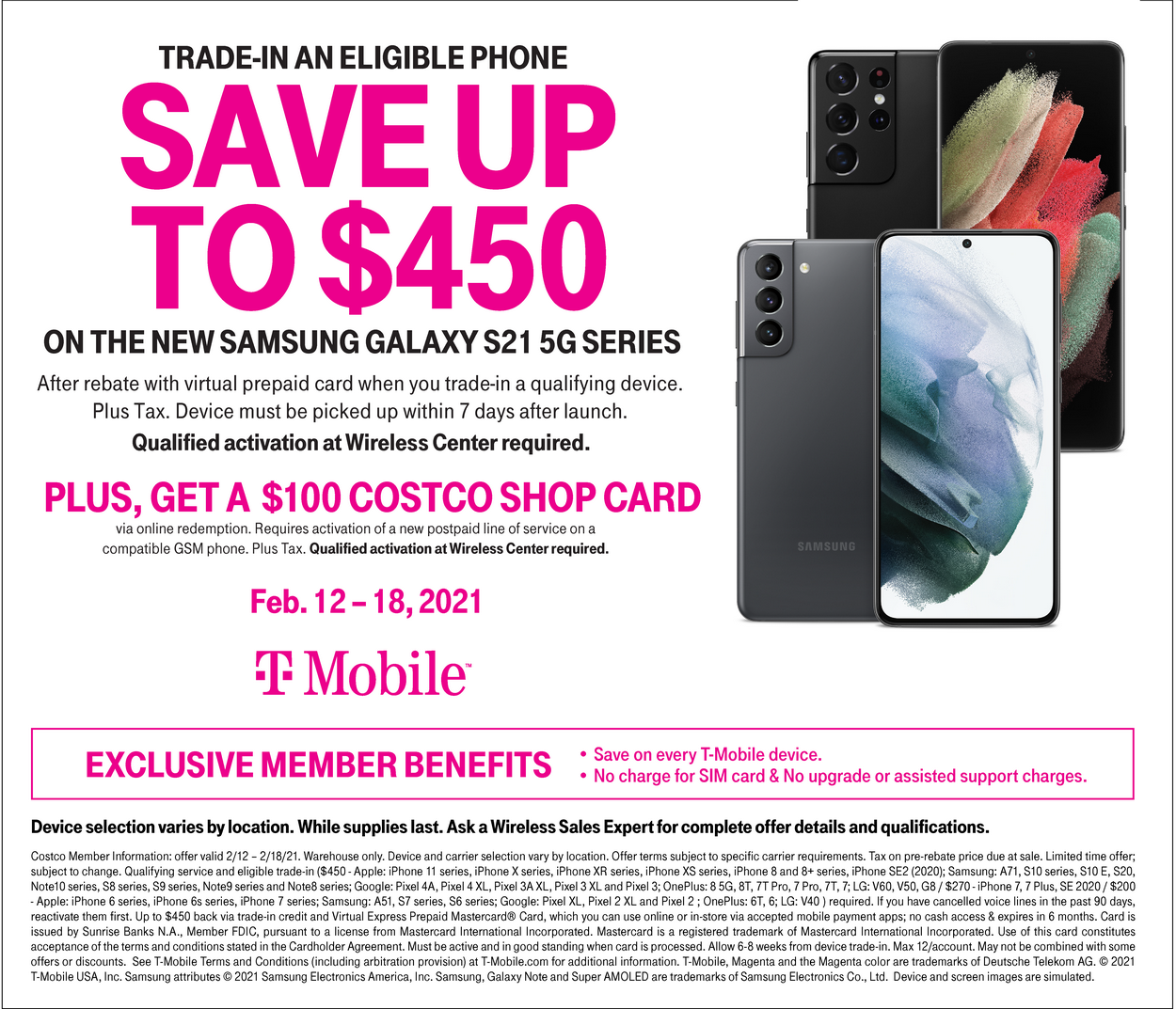 Costco T-Mobile Samsung S21 5G new line with trade in - $450 reward Card+$100 Costco shop card - $170
