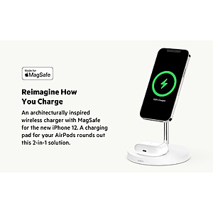 Belkin MagSafe 2-in-1 Wireless Charger, 15W Fast Charging iPhone Charger  Stand for iPhone 13, 12, Pro, Pro Max, Mini, AirPods