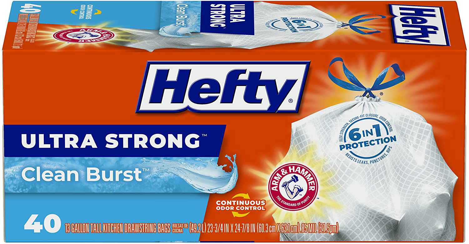 Amazon.com: Hefty Ultra Strong Tall Kitchen Trash Bags, Clean Burst Scent, 13 Gallon, 40 Count (Packaging May Vary) : Health & Household