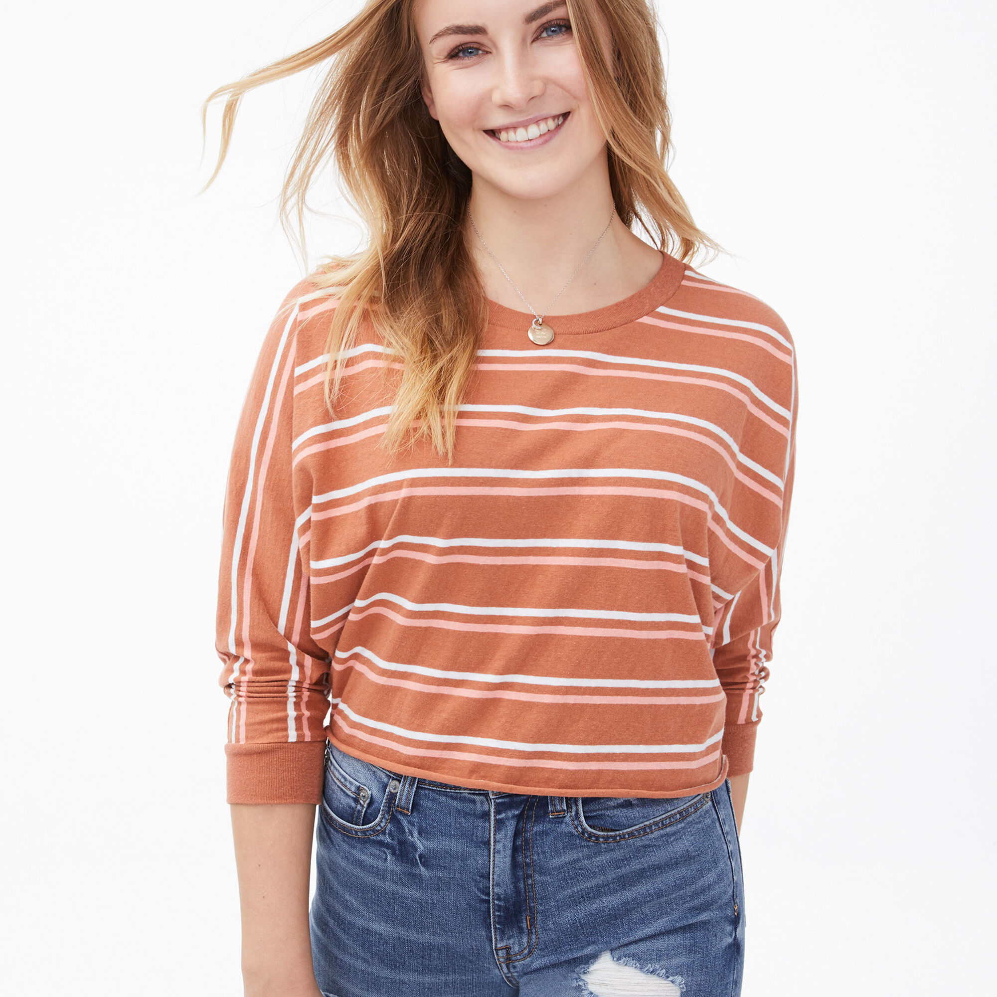 Striped Cropped Dolman Crew Tee $10