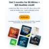 New / Select Returning Members: 3-Months Audible Premium Plus Membership for $1/month + Free $20 Audible Credit
