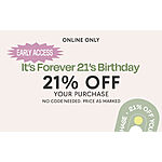 Forever 21: 21% Off Your Purchase [4/20 only]