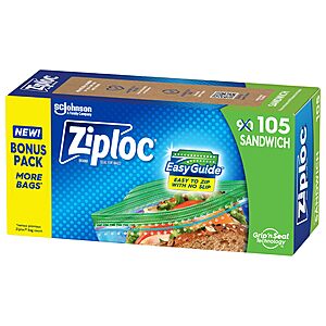 105-Count Ziploc Sandwich and Snack Bags w/ EasyGuide Texture $2.88 w/ S&S + Free Shipping w/ Prime or on $35+