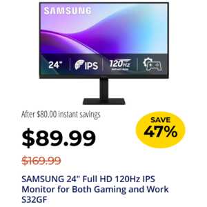 24" Samsung S32GF 1080p 120Hz 5ms NTSC 72% IPS Monitor $89.99 + Free Shipping