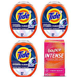3x 63-Ct Tide Power PODS Laundry Pacs + 60-Ct Bounce Intense Dryer Sheets $41.20 w/ Subscribe & Save + Free Shipping