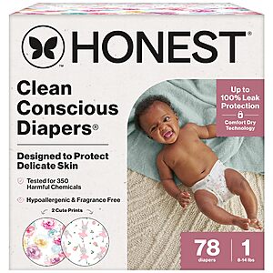 78-Count The Honest Company Comfort Dry Hypoallergenic Disposable Diapers for Sensitive Skin (Size 1; 8&ndash;14 lbs) $19.37 w/ S&S + Free Shipping w/ Prime or on $35+