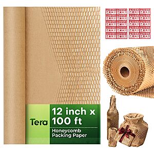 Tera 12" x 100' Honeycomb Kraft Cushioning Wrap Roll w/ 20 Fragile Labels $9.09 + Free Shipping w/ Prime or on $35+