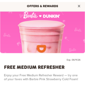 Dunkin' App: Get a Medium Refresher Free + Free Pickup