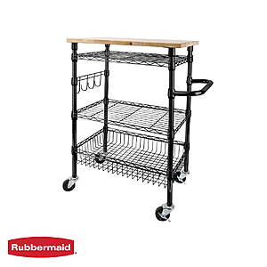 Rubbermaid 3-Tier Heavy Duty Rolling Utility Cart w/ Solid Wood Top (2 colors) $24 