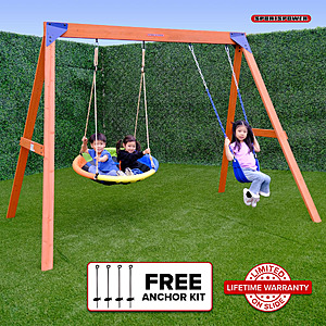 Sportspower Wildwood Wooden Swing Set w/ 2 Swings & 40" Saucer Swing $98 + Free Shipping