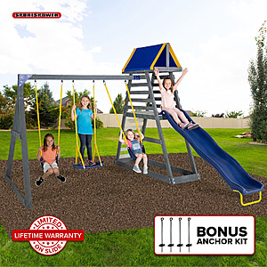Sportspower Mill Creek Canyon Wooden Swing Set w/ 8' Slide, Standing Swing, Rock Climber & Anchor Kit $198 + Free Shipping