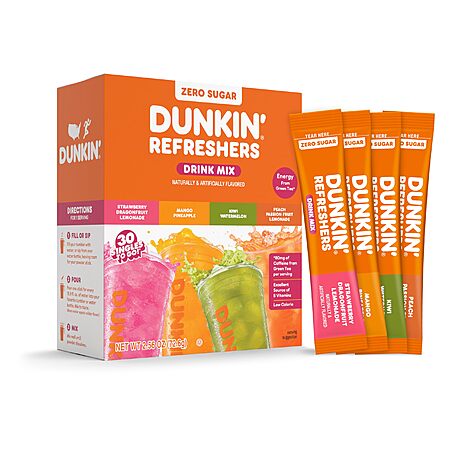 30-Count Dunkin’ Refreshers Singles To Go! Powdered Drink Mix Packets (Variety Pack) $8.05 w/ S&S + Free Shipping w/ Prime or on $35+