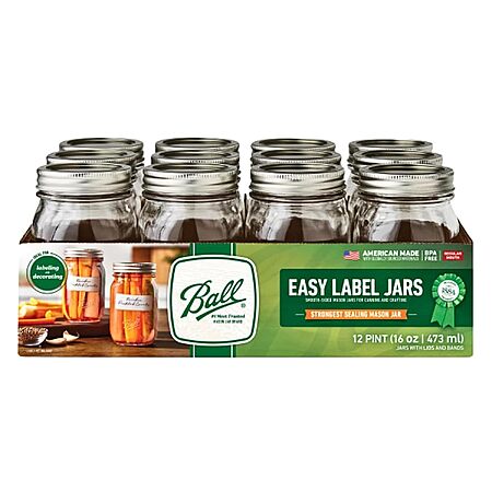 12-Pack 16-Oz Ball Regular Mouth Glass Mason Jars w/ Lids & Bands