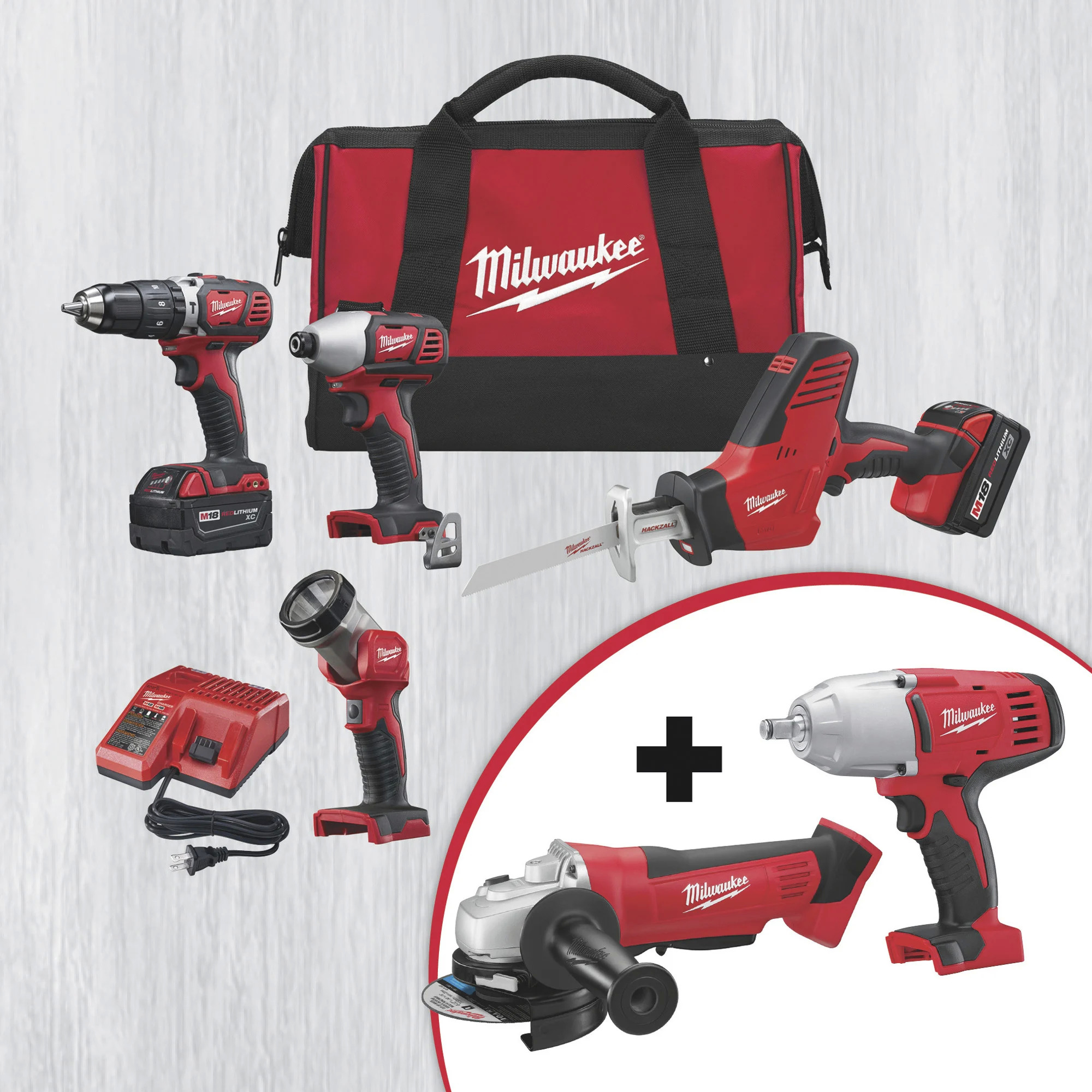 Milwaukee M18 Cordless 4-Tool Combo Set with FREE M18 1/2in. High-Torque Impact Wrench and M18 4.5in. Cutoff/Grinder!  $419