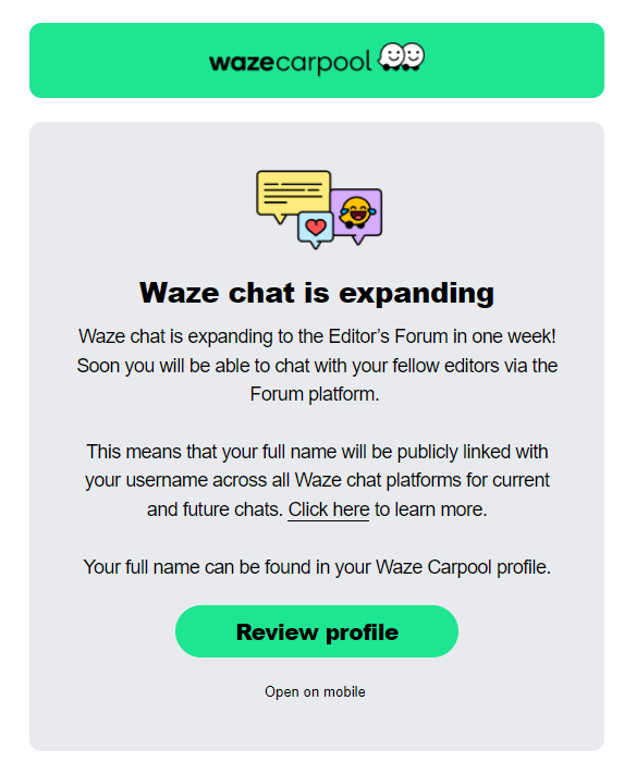 PSA: Waze exposing your first and last name to other drivers with introduction of chat feature
