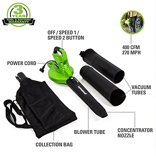 Greenworks Corded Speed Leaf Blower Vacuum Mph Cfm