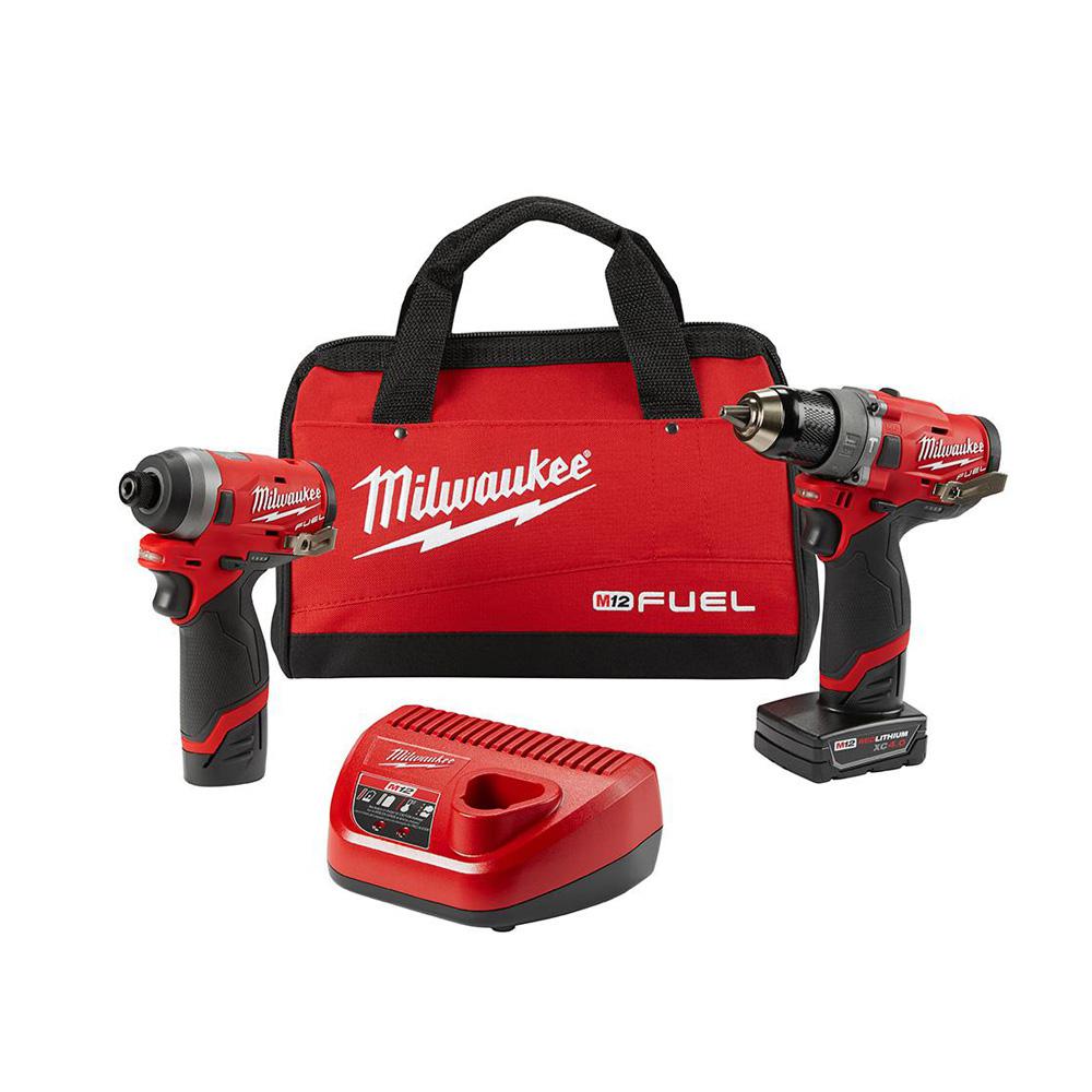 Milwaukee M12 Fuel Kit: Brushless Hammer Drill, Impact Driver, 2Ah+4Ah Batteries, Charger & Case $179 Home Depot