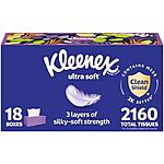 Select Accounts: 18-Pack 120-Count Kleenex Ultra Soft Facial Tissues, 3-Ply $16.76 or less w/ S&amp;S