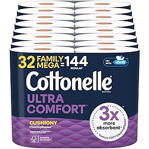Select accounts: 32 Family Mega Rolls, Cottonelle Ultra Comfort Toilet Paper (2-ply) $12.17 (or $15.80) or less w/ S&S @Amazon
