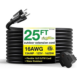 25' GoGreen Power 16/3 Heavy Duty Outdoor Extension Cord (Black; 13A/1625W) $8.25 + Free S/H